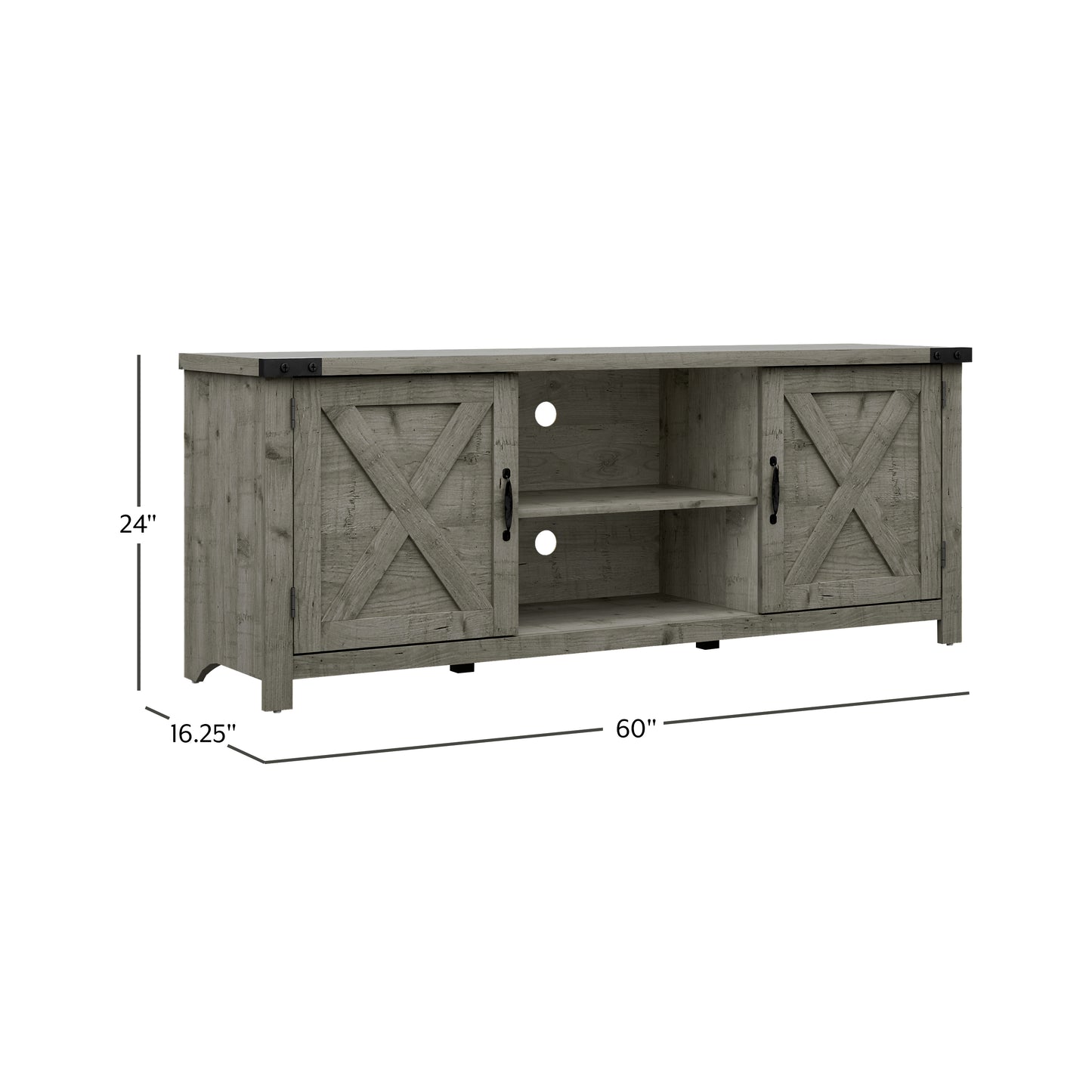 Living Essentials by Hillsdale Latvia Gaming Ready Wood 60 inch TV Stand with "X" Back Doors and Shelves, Rustic Gray