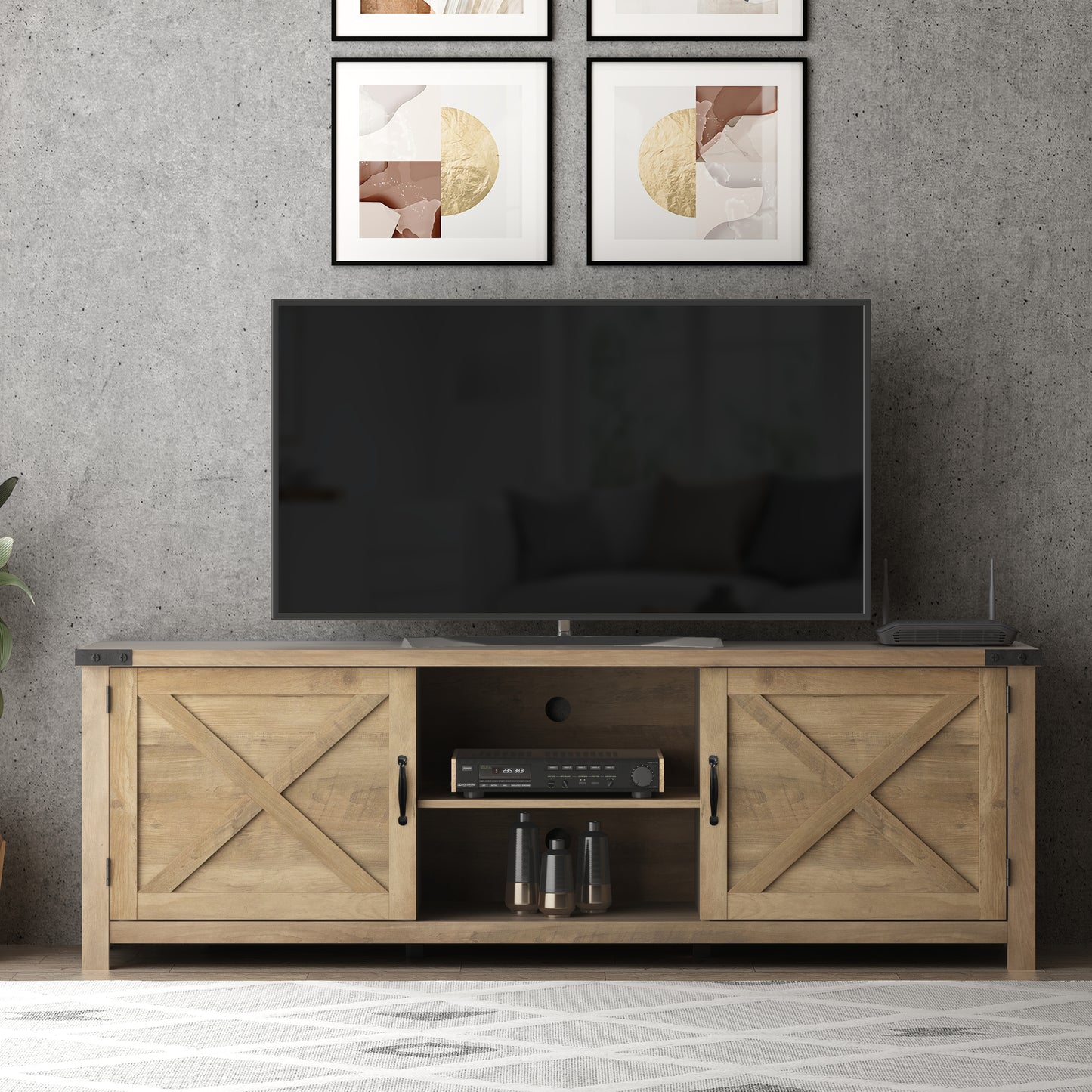 Living Essentials by Hillsdale Latvia Gaming Ready Wood 70 inch TV Stand with "X" Back Doors and Shelves, Knotty Oak