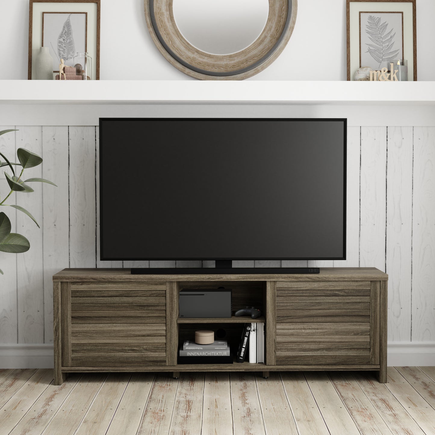 Living Essentials by Hillsdale Handerson 74 Inch Wood Entertainment Console, Dark Oak Finish