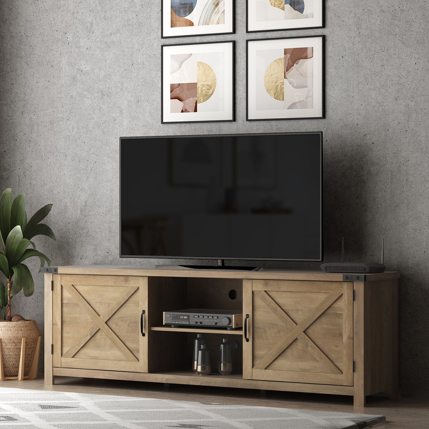 Living Essentials by Hillsdale Latvia Gaming Ready Wood 70 inch TV Stand with "X" Back Doors and Shelves, Knotty Oak