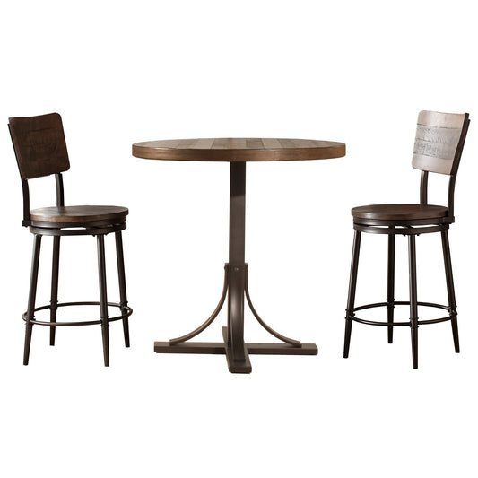 Jennings 3 Piece Counter Height Dining Set with Metal Pedestal Base and Panel Back Swivel Counter Stools, Distressed Walnut