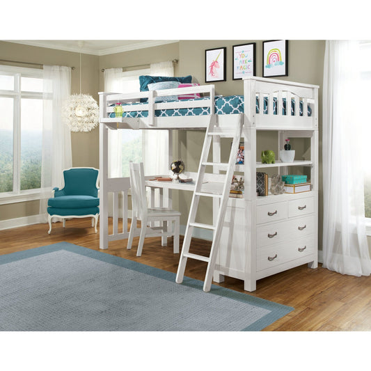 Hillsdale Kids and Teen Highlands Wood Twin Loft Bed with Desk, Chair, and Hanging Nightstand, White