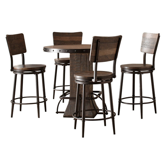 Hillsdale Furniture Jennings Metal 5 Piece Round Counter Height Dining with Panel Back Swivel Stools, Distressed Walnut