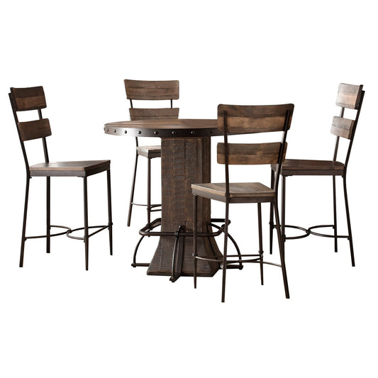 Hillsdale Furniture Jennings 5 Piece Round Counter Height Dining Set with Wood Pedestal Base and Ladder Back Counter Stools, Distressed Walnut