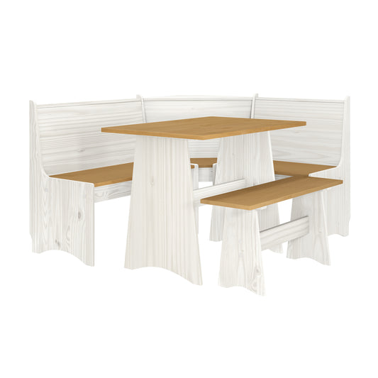 Living Essentials by Hillsdale Gablewood Wood L-Shaped Dining Nook, Washed White with Honey Tops