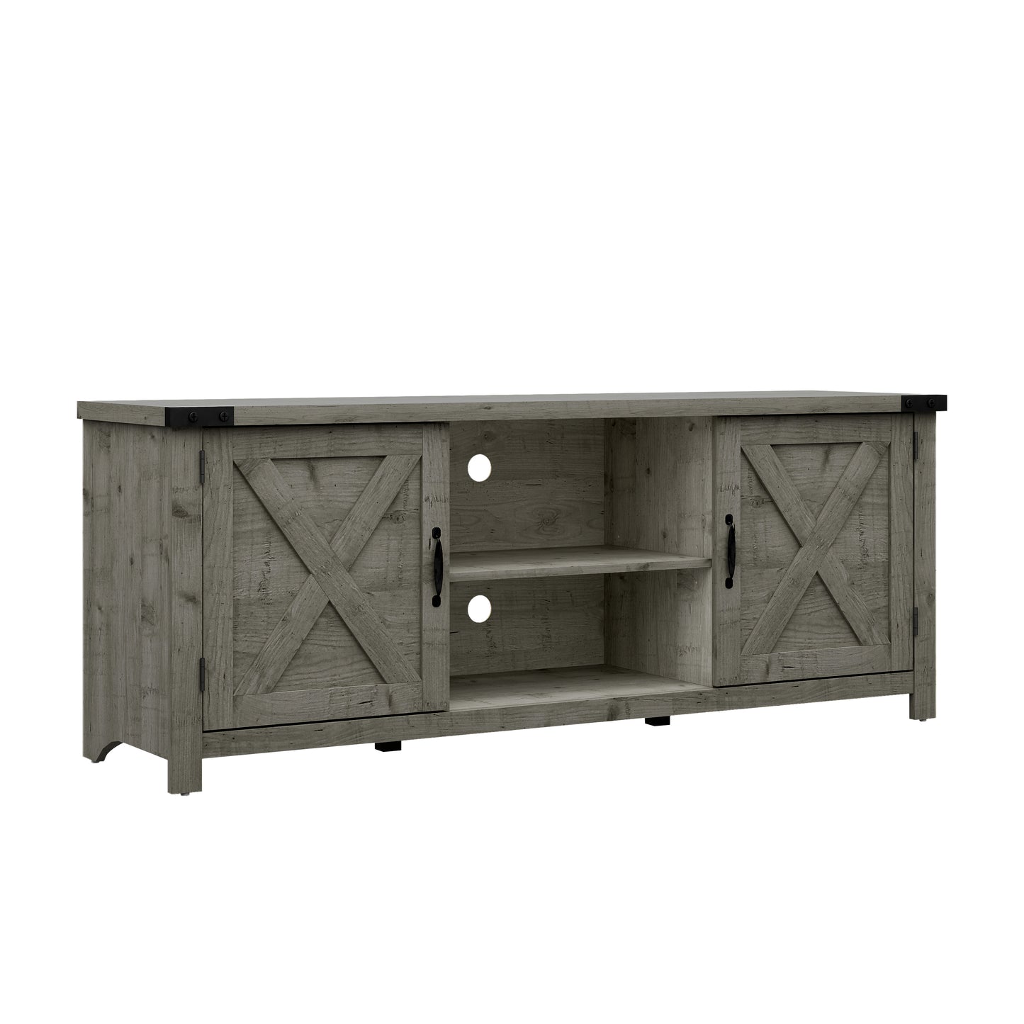 Living Essentials by Hillsdale Latvia Gaming Ready Wood 60 inch TV Stand with "X" Back Doors and Shelves, Rustic Gray