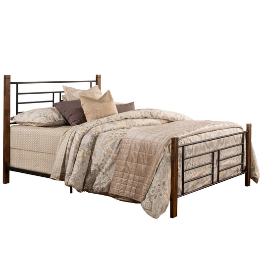 Hillsdale Furniture Raymond Queen Metal Bed with Weathered Dark Brown Wood Posts, Textured Black