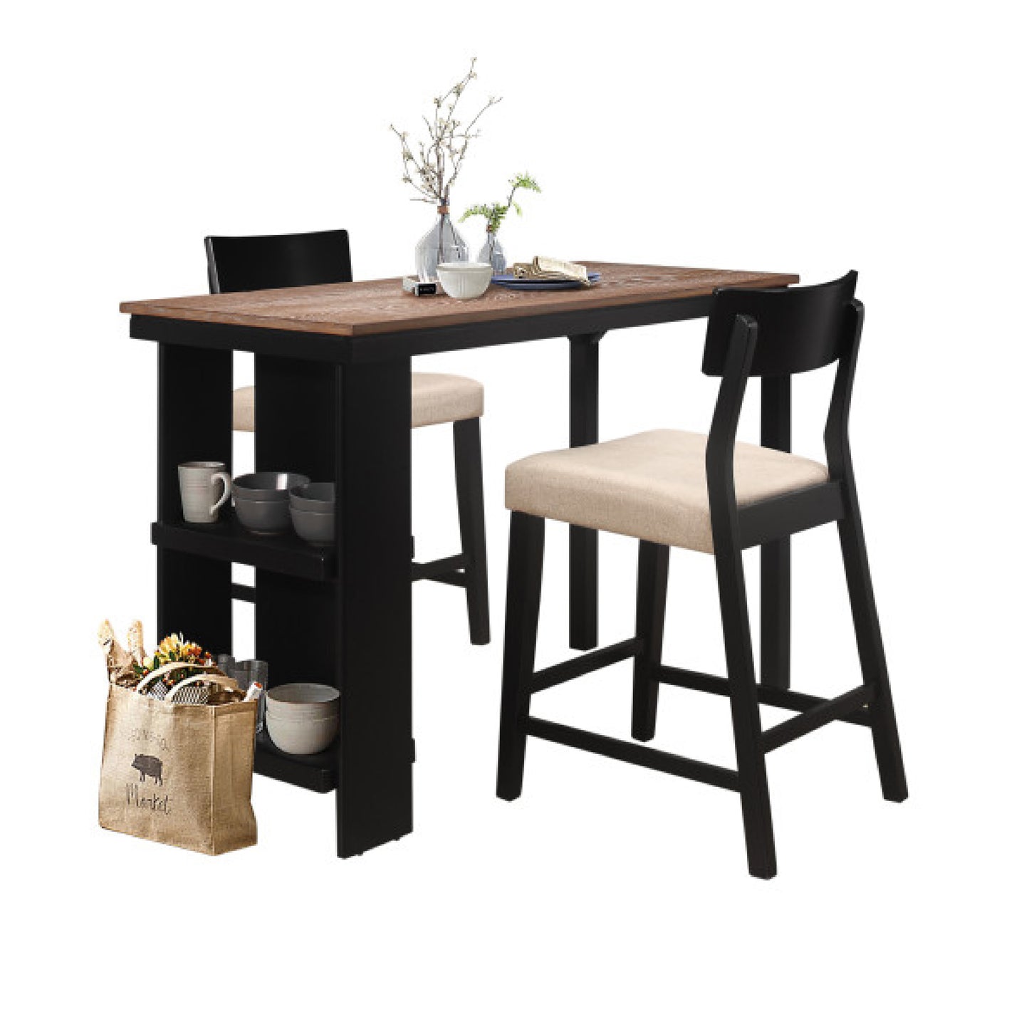 Hillsdale Furniture Knolle Park 3 Piece Wood Counter Height Dining Set, Black with Oak Wire Brush Finished Top