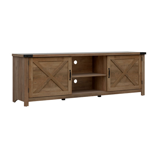 Living Essentials by Hillsdale Latvia Gaming Ready Wood 70 inch TV Stand with "X" Back Doors and Shelves, Knotty Oak