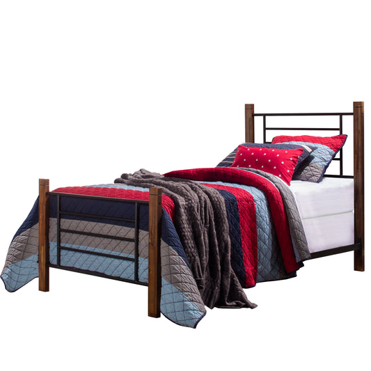 Hillsdale Furniture Raymond Twin Metal Bed with Weathered Dark Brown Wood Posts, Textured Black