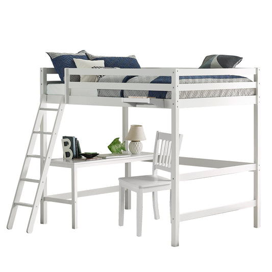 Hillsdale Kids and Teen Caspian Full Wood Loft Bed with Desk Chair and Hanging Nightstand, White