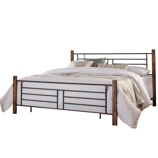 Hillsdale Furniture Raymond King Metal Bed with Weathered Dark Brown Wood Posts, Textured Black