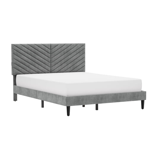 Hillsdale Furniture Crestwood Upholstered Chevron Pleated Platform Queen Bed with 2 Dual USB Ports, Platinum