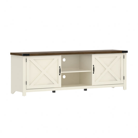 Living Essentials by Hillsdale Latvia Gaming Ready Wood 70 inch TV Stand with "X" Back Doors and Shelves, White with Knotty Oak Top