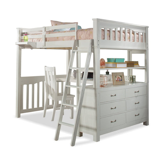 Hillsdale Kids and Teen Highlands Wood Full Loft Bed with Desk, Chair, and Hanging Nightstand, White