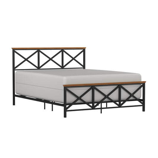 Hillsdale Furniture Ashford Metal Queen Bed with Wood Posts, Textured Black with Oak Finished Wood