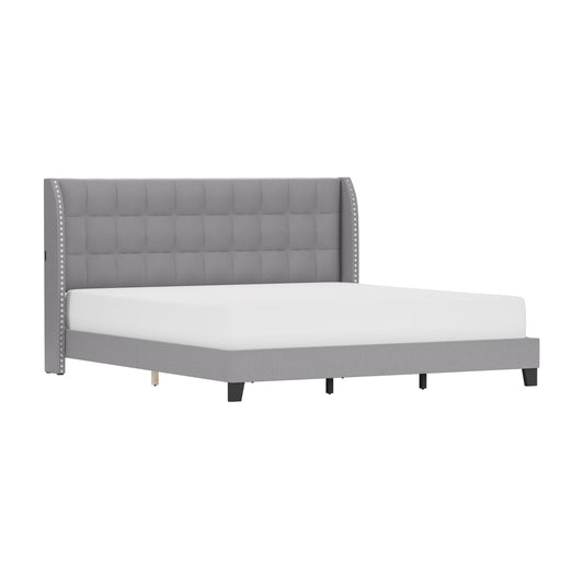 Hillsdale Furniture Buchanan Upholstered Tufted King Platform Bed with 2 Dual USB Ports, Smoke Gray Fabric