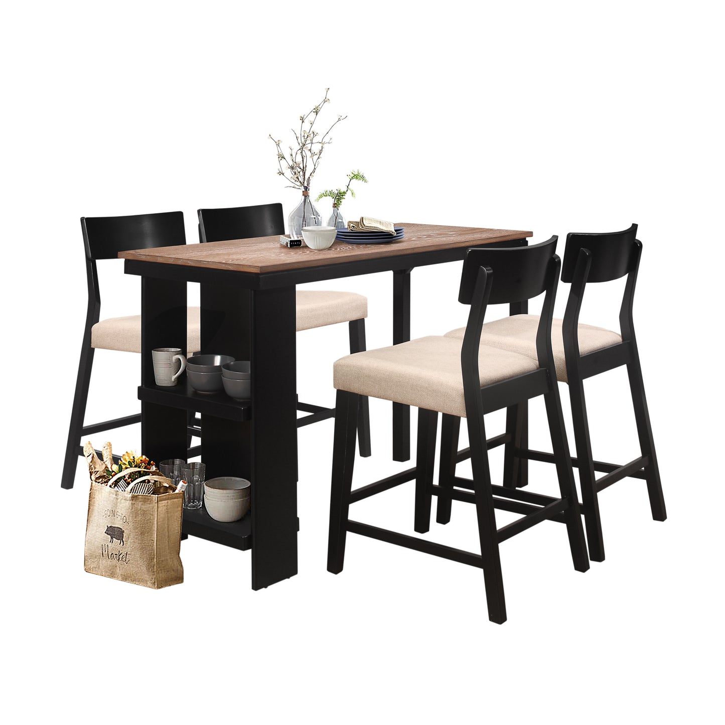 Hillsdale Furniture Knolle Park 5 Piece Wood Counter Height Dining Set, Black with Oak Wire Brush Finished Top