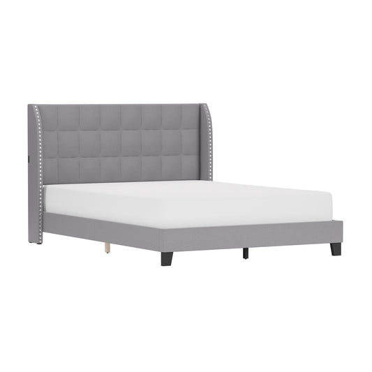 Hillsdale Furniture Buchanan Upholstered Tufted Queen Platform Bed with 2 Dual USB Ports, Smoke Gray Fabric