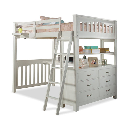 Hillsdale Kids and Teen Highlands Wood Full Loft Bed with Desk and Hanging Nightstand, White