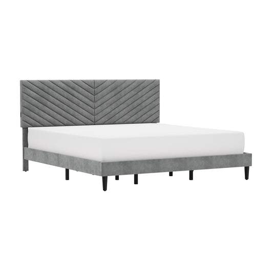 Hillsdale Furniture Crestwood Upholstered Chevron Pleated Platform King Bed with 2 Dual USB Ports, Platinum